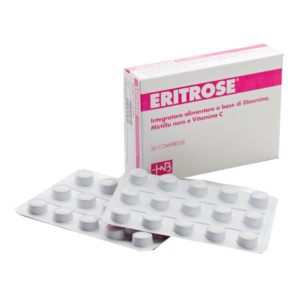 Confezione e blister di compresse. Scritta: Eritrose, 30 compresse. Contiene diosmina, mirtillo e vitamina C.