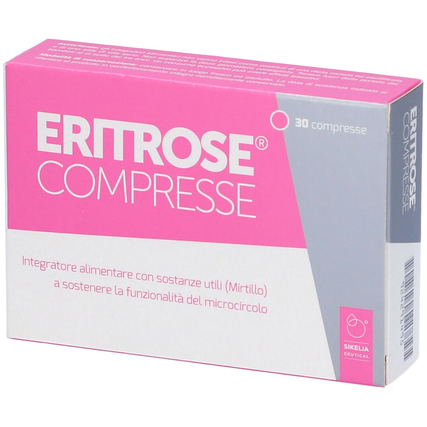 Scatola rosa con scritta Eritrose Compresse, 30 compresse. Contiene ingredienti per supportare la microcircolazione.
