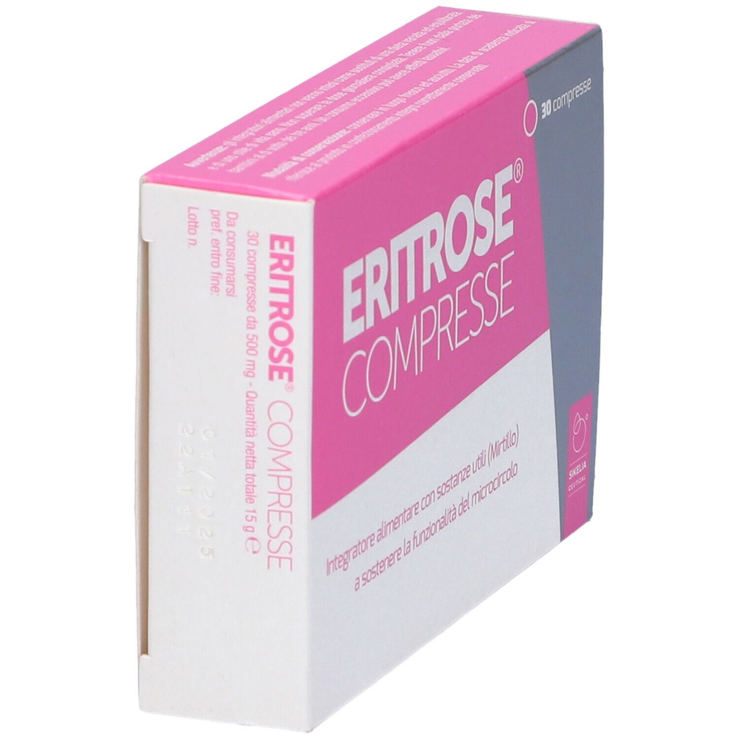 Scatola rosa con scritta Eritrose Compresse, 30 compresse. Contiene ingredienti per supportare la microcircolazione.