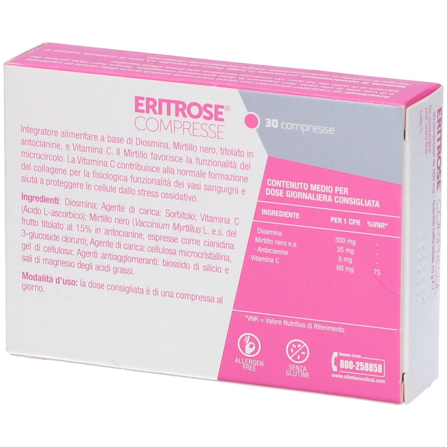 Scatola rosa con scritta Eritrose Compresse, 30 compresse. Contiene ingredienti per supportare la microcircolazione.