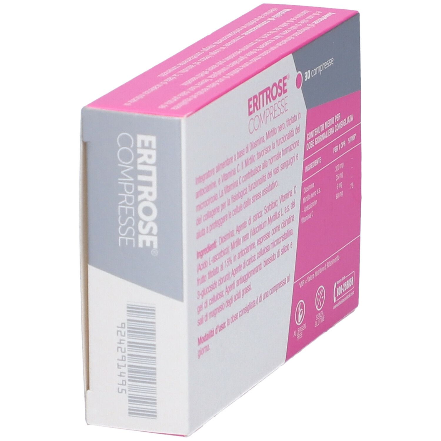 Scatola rosa con scritta Eritrose Compresse, 30 compresse. Contiene ingredienti per supportare la microcircolazione.