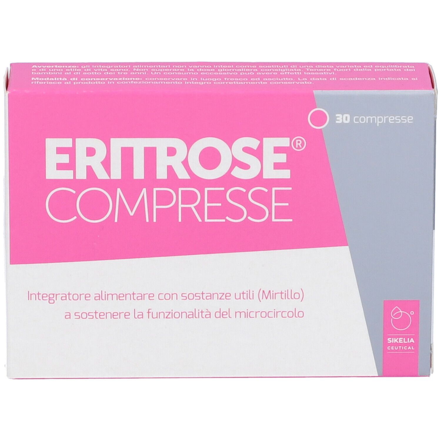 Scatola rosa con scritta Eritrose Compresse, 30 compresse. Contiene ingredienti per supportare la microcircolazione.