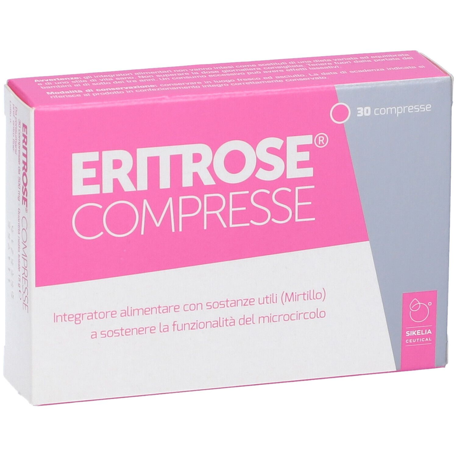 Scatola rosa con scritta Eritrose Compresse, 30 compresse. Contiene ingredienti per supportare la microcircolazione.