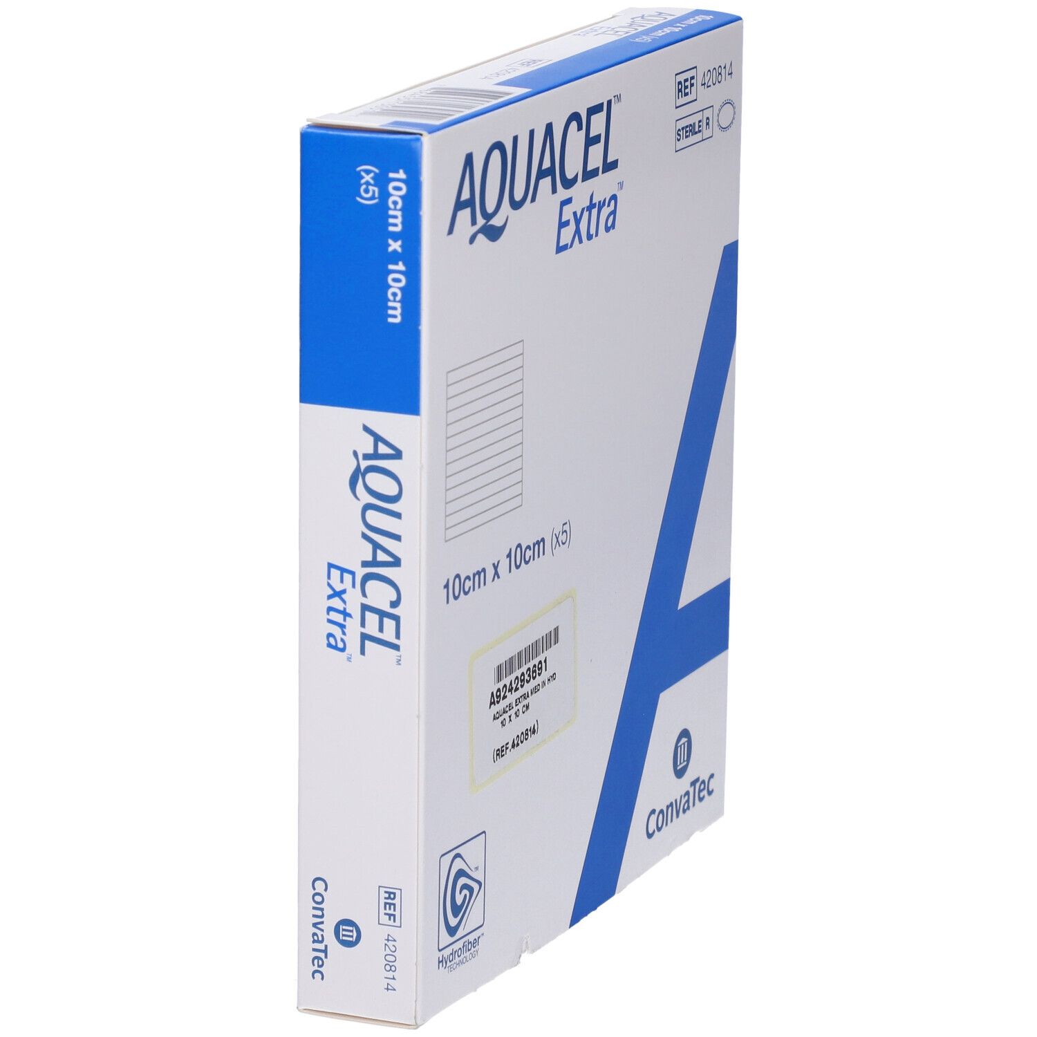 AQUACEL Extra-Verpackung, 10x10 cm, 5 Stück. Weiß und blau. Convatec-Logo und Hydrofiber-Technologie. Seitenansicht.