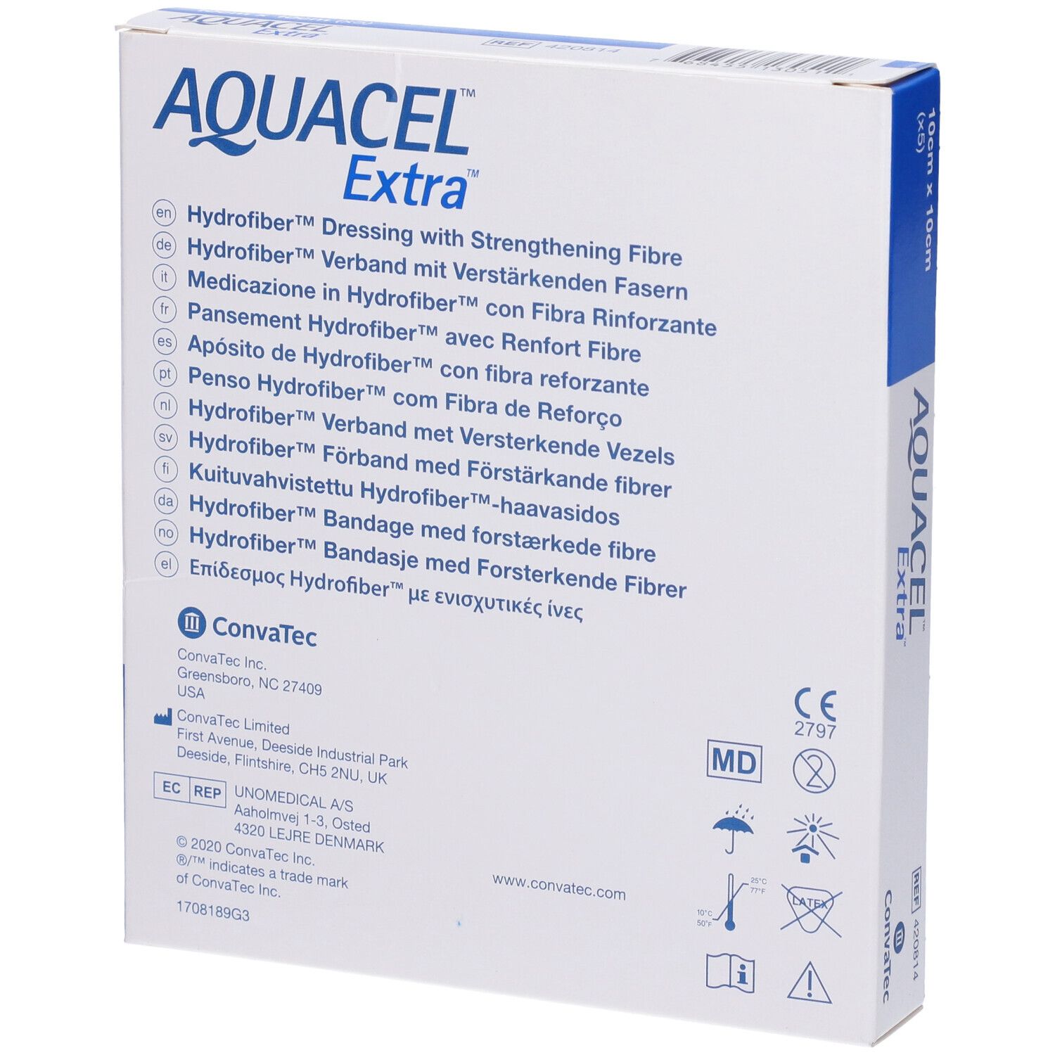 AQUACEL Extra-Verpackung mit Produktinformationen in mehreren Sprachen. Convatec-Logo und CE-Kennzeichnung.