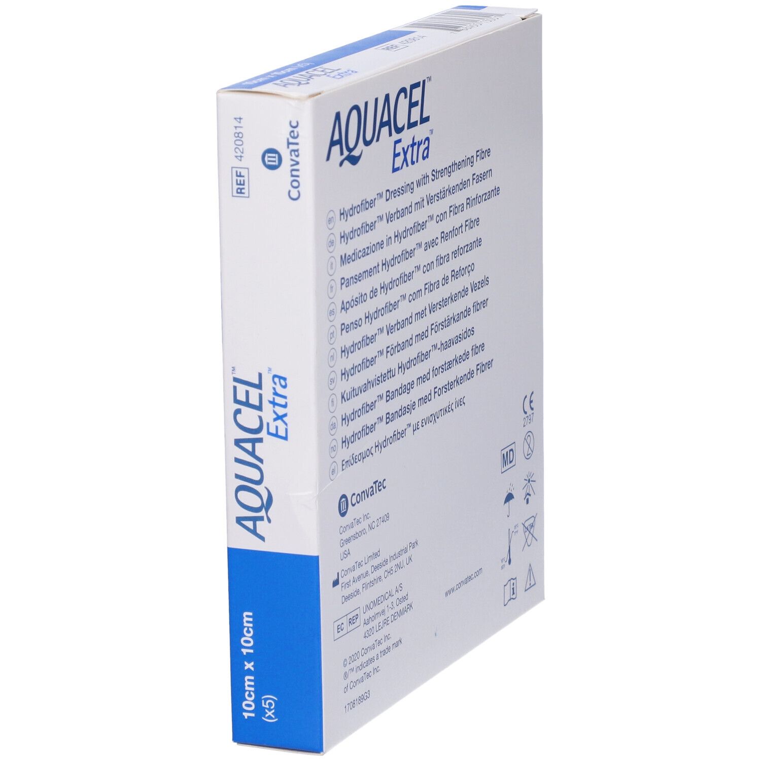AQUACEL Extra-Verpackung, 10x10 cm, 5 Stück. Weiß und blau. Convatec-Logo und Hydrofiber-Technologie. Schräge Ansicht.
