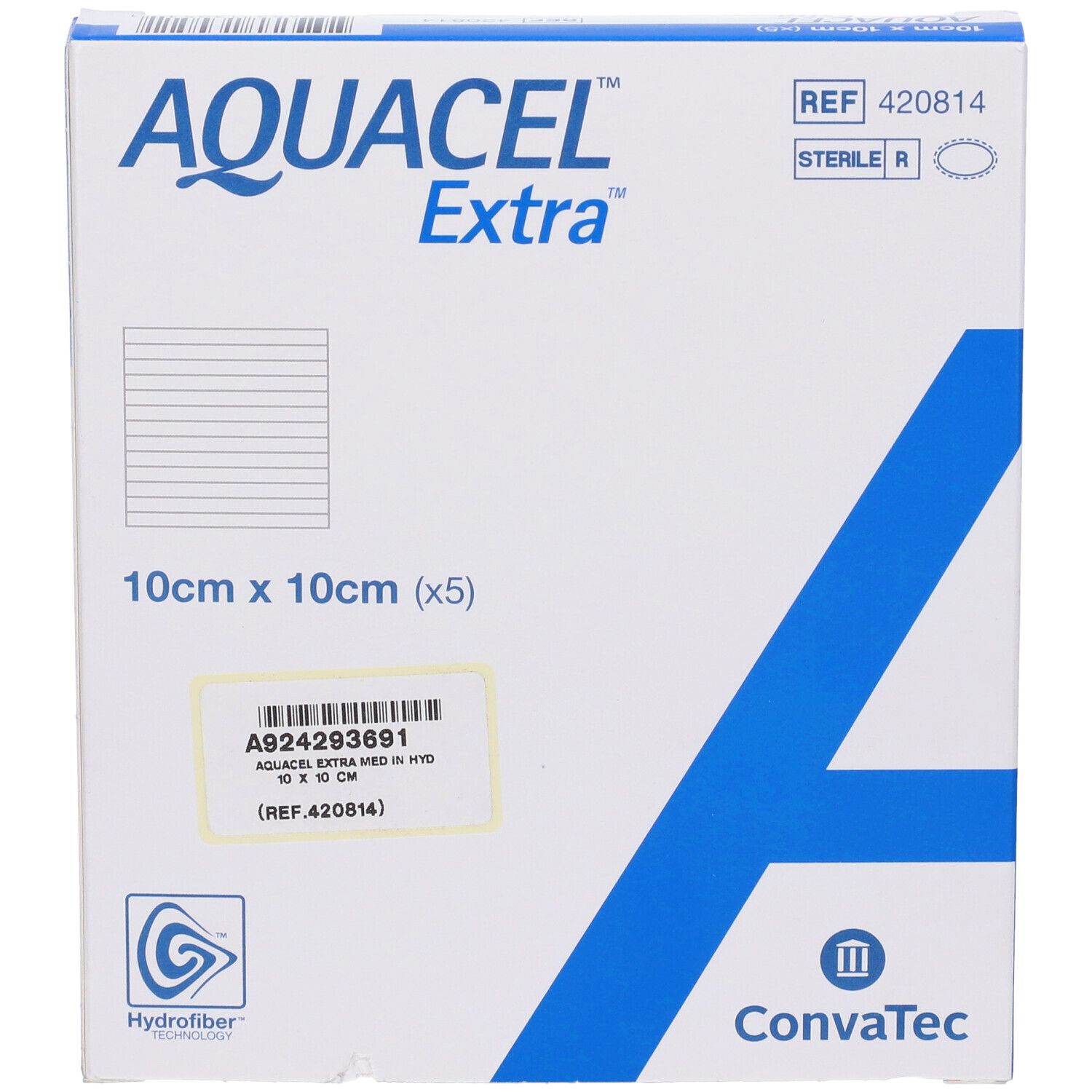 AQUACEL Extra-Verpackung, 10x10 cm, 5 Stück. Weiß mit blauem Design. Enthält Hydrofiber-Technologie und Convatec-Logo.