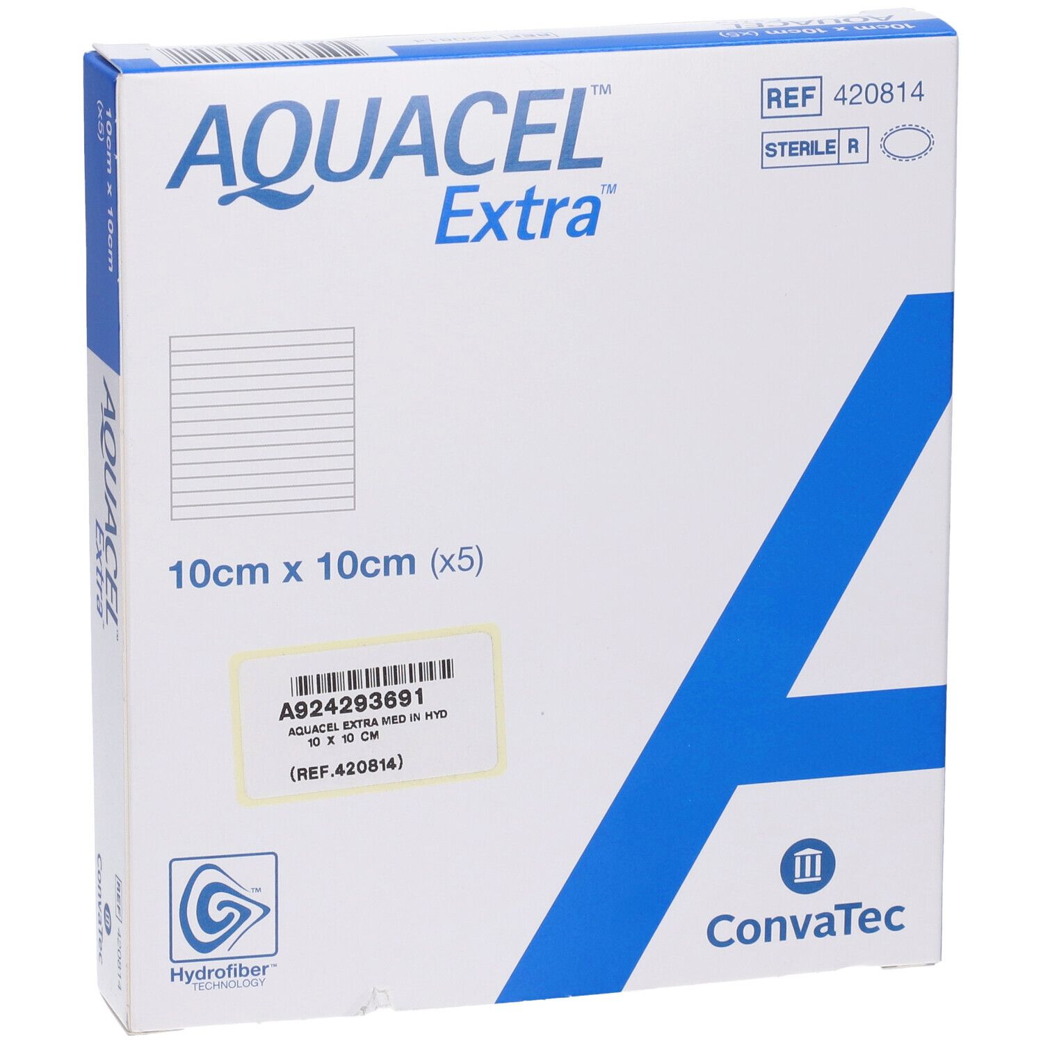 AQUACEL Extra-Verpackung, 10x10 cm, 5 Stück. Weiß mit blauem Design. Convatec-Logo und Hydrofiber-Technologie.