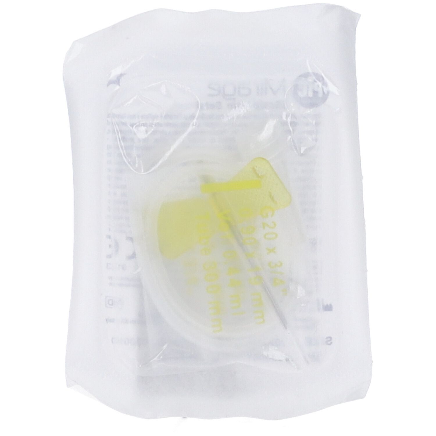 Microperfusore sterile PIC Mirage. Ago giallo, tubo trasparente, confezione in plastica.