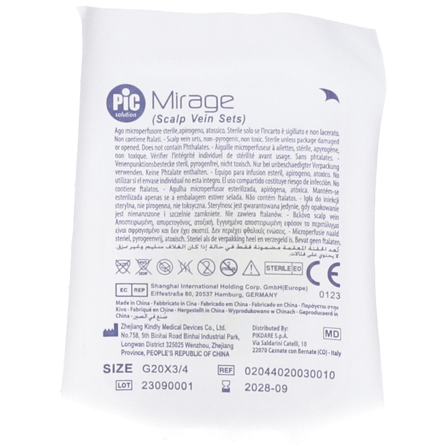 Confezione PIC Mirage (Scalp Vein Sets). Sterile, misura G20x3/4, marchio CE.