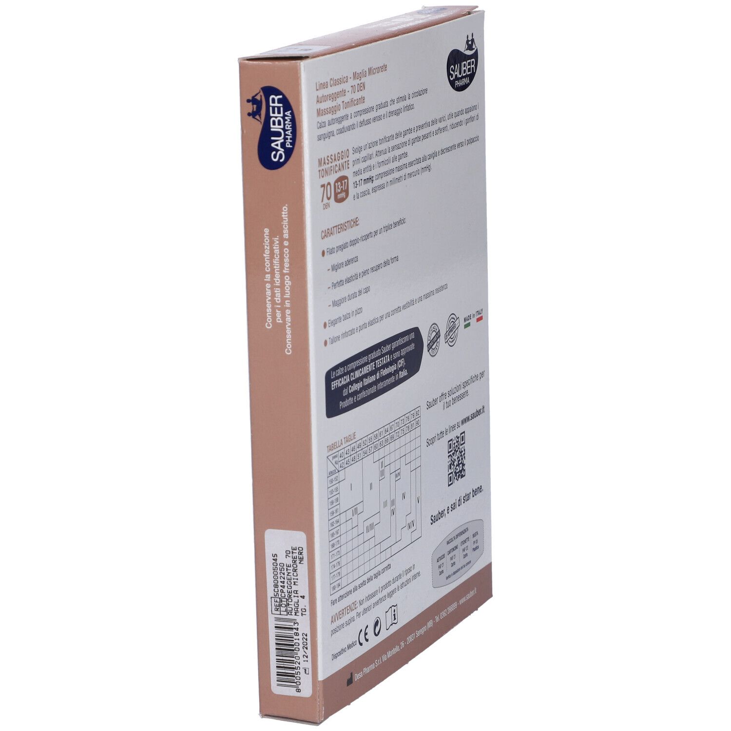 Vista laterale della confezione con informazioni sul prodotto. Scritte: Sauber Pharma, Linea Classica, 70 Den, 13-17 mmHg, Autoreggente.