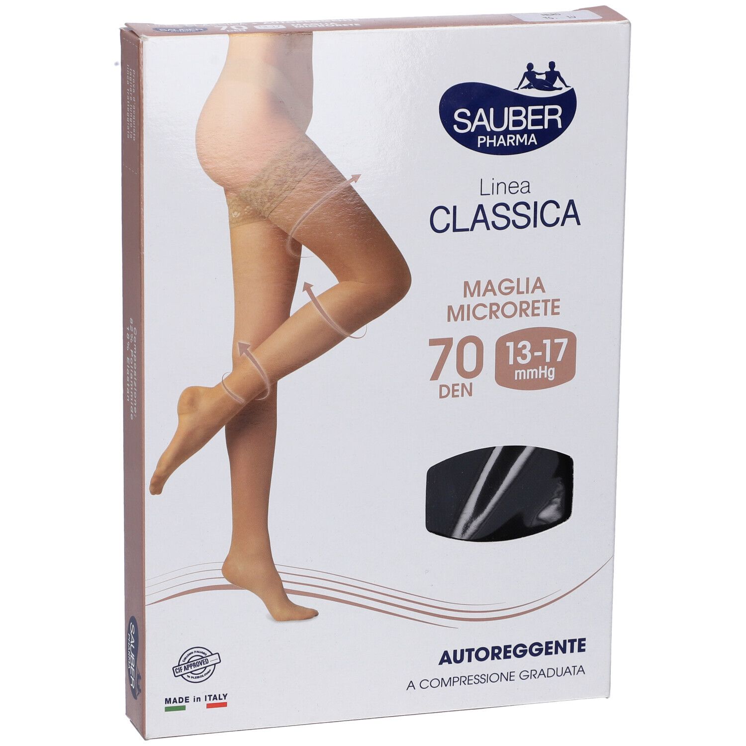 Confezione di calze. Scritte: Sauber Pharma, Linea Classica, Maglia Microrete, 70 Den, 13-17 mmHg, Autoreggente.