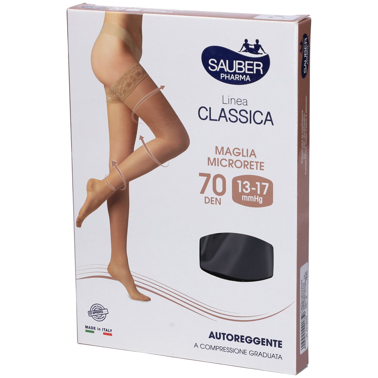 Confezione calze autoreggenti Sauber Classica 70 Den. Calza nera. Marchio visibile.