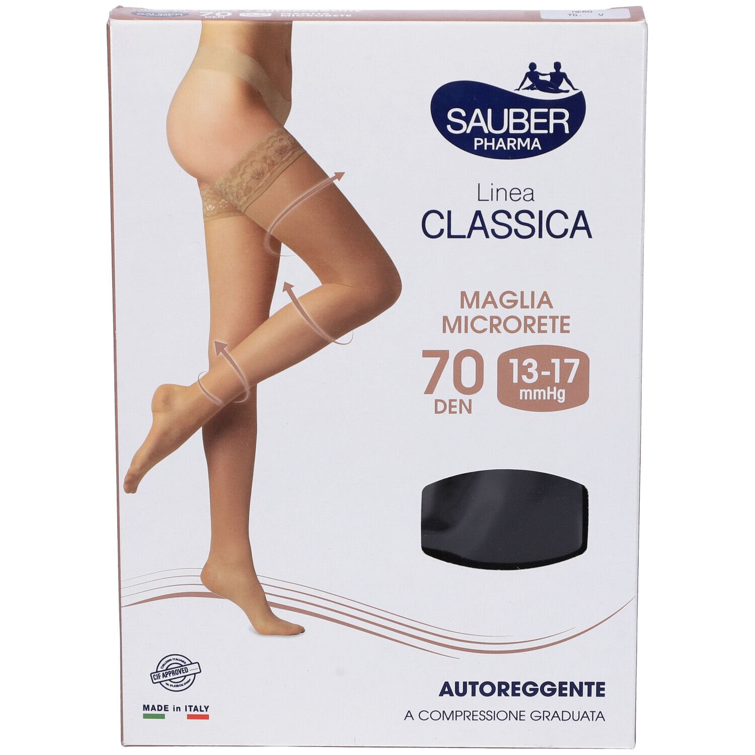 Confezione calze autoreggenti Sauber Classica 70 Den. Calza nera. Marchio visibile.