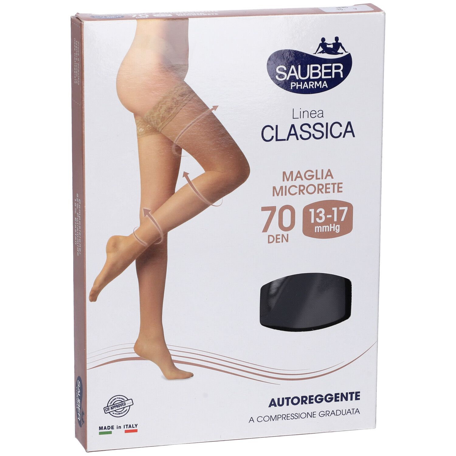 Confezione calze autoreggenti Sauber Classica 70 Den. Immagine di gamba con calza. Marchio visibile.