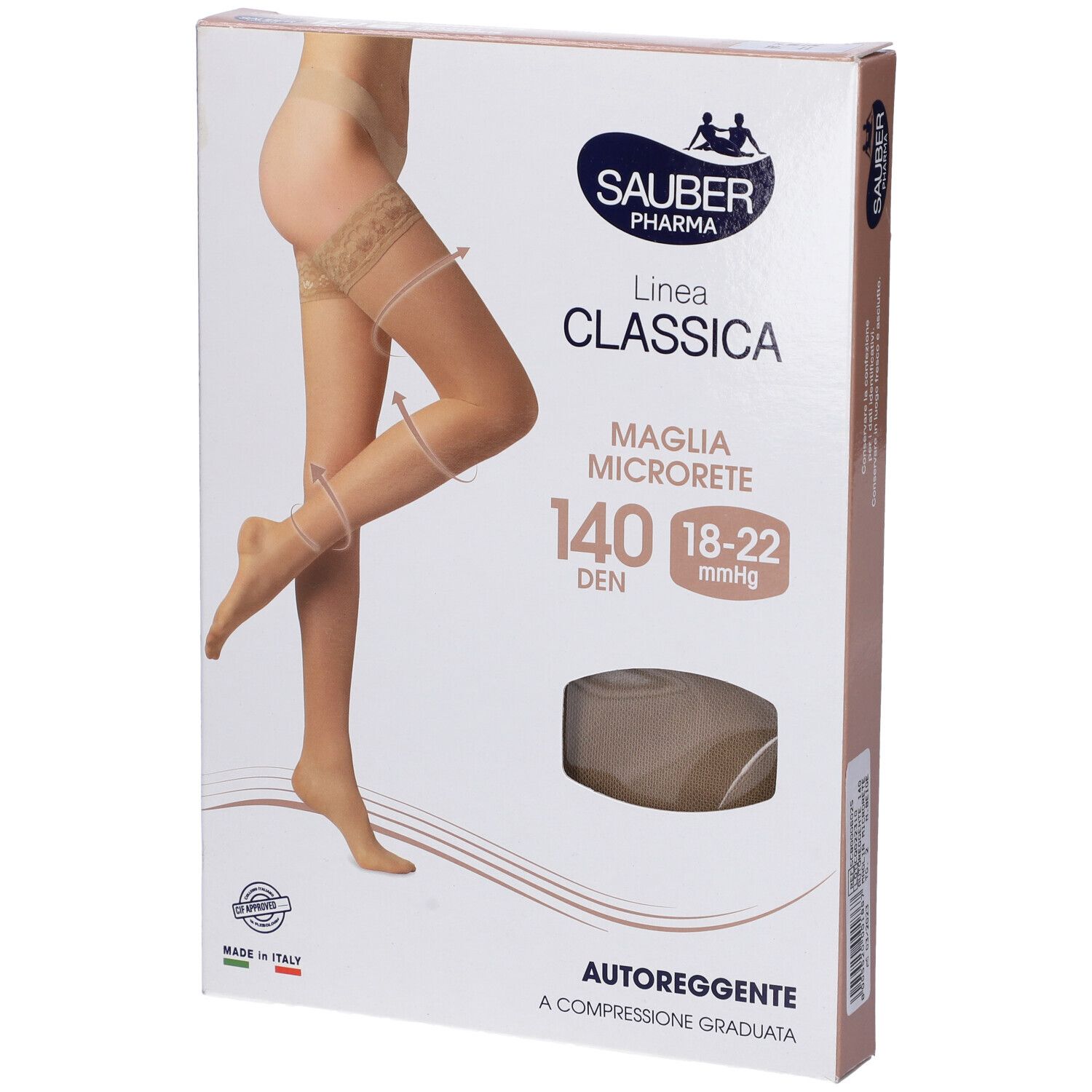 Confezione di calze. Marca Sauber Pharma, linea Classica, 140 Den, Autoreggente. Immagine di donna con calze.