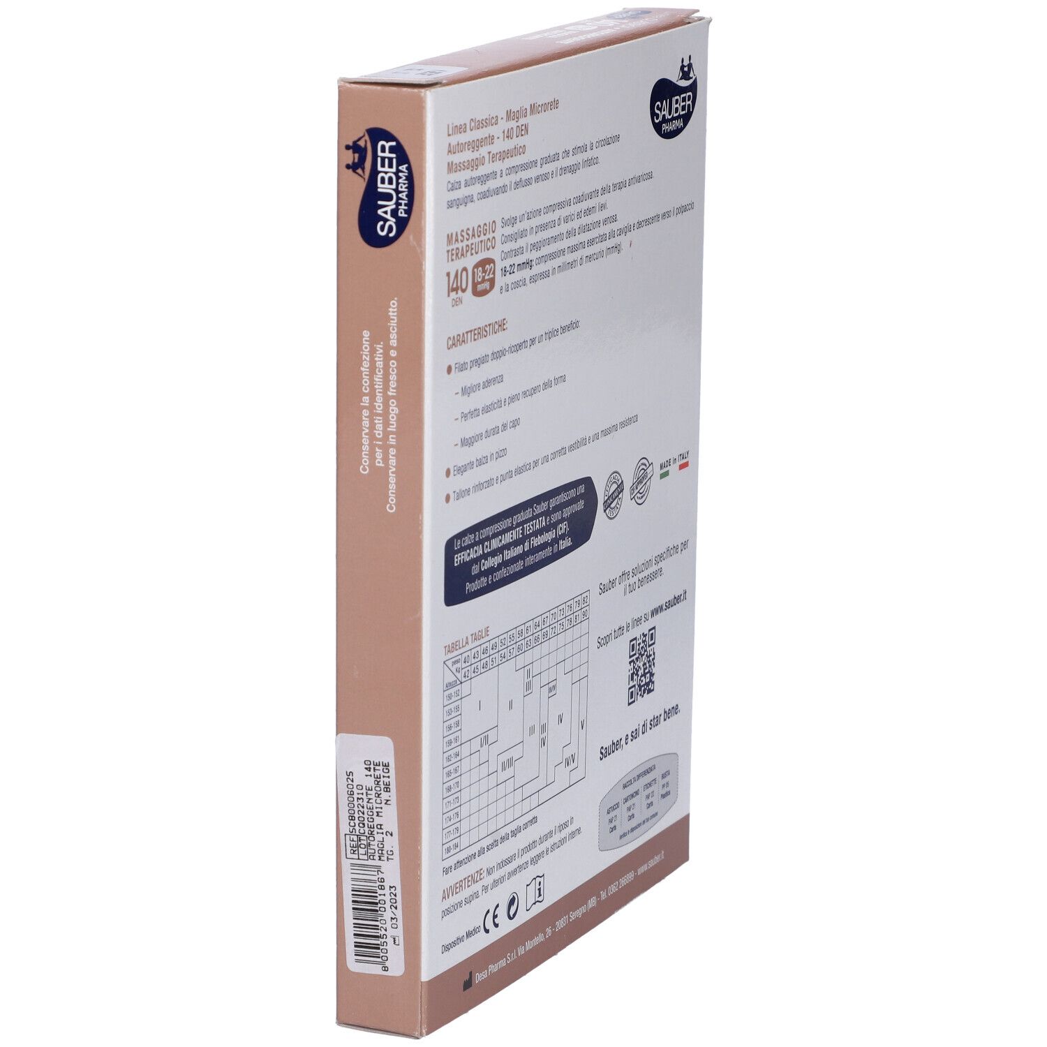 Retro della confezione. Marca Sauber Pharma, linea Classica, 140 Den, Autoreggente. Testo e diagrammi.