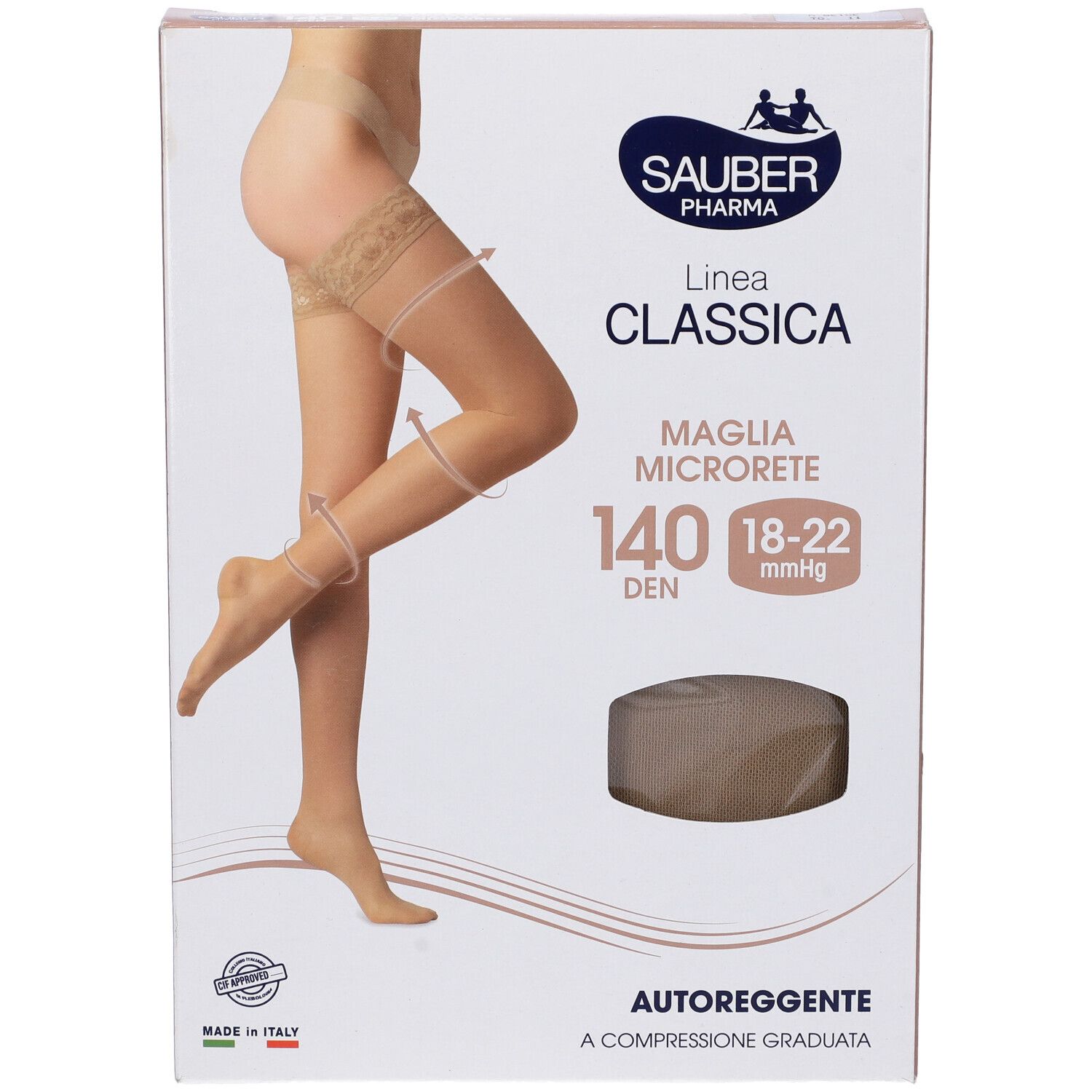 Calze beige in confezione. Marca Sauber Pharma, linea Classica, 140 Den, Autoreggente. Immagine di donna con calze.