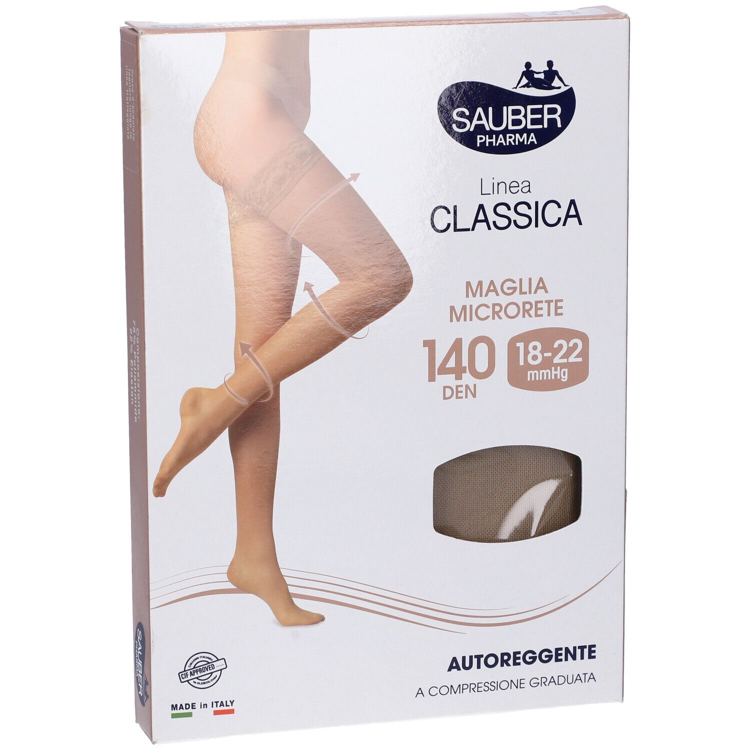 Calze beige in confezione. Marca Sauber Pharma, linea Classica, 140 Den, Autoreggente. Immagine di donna con calze.