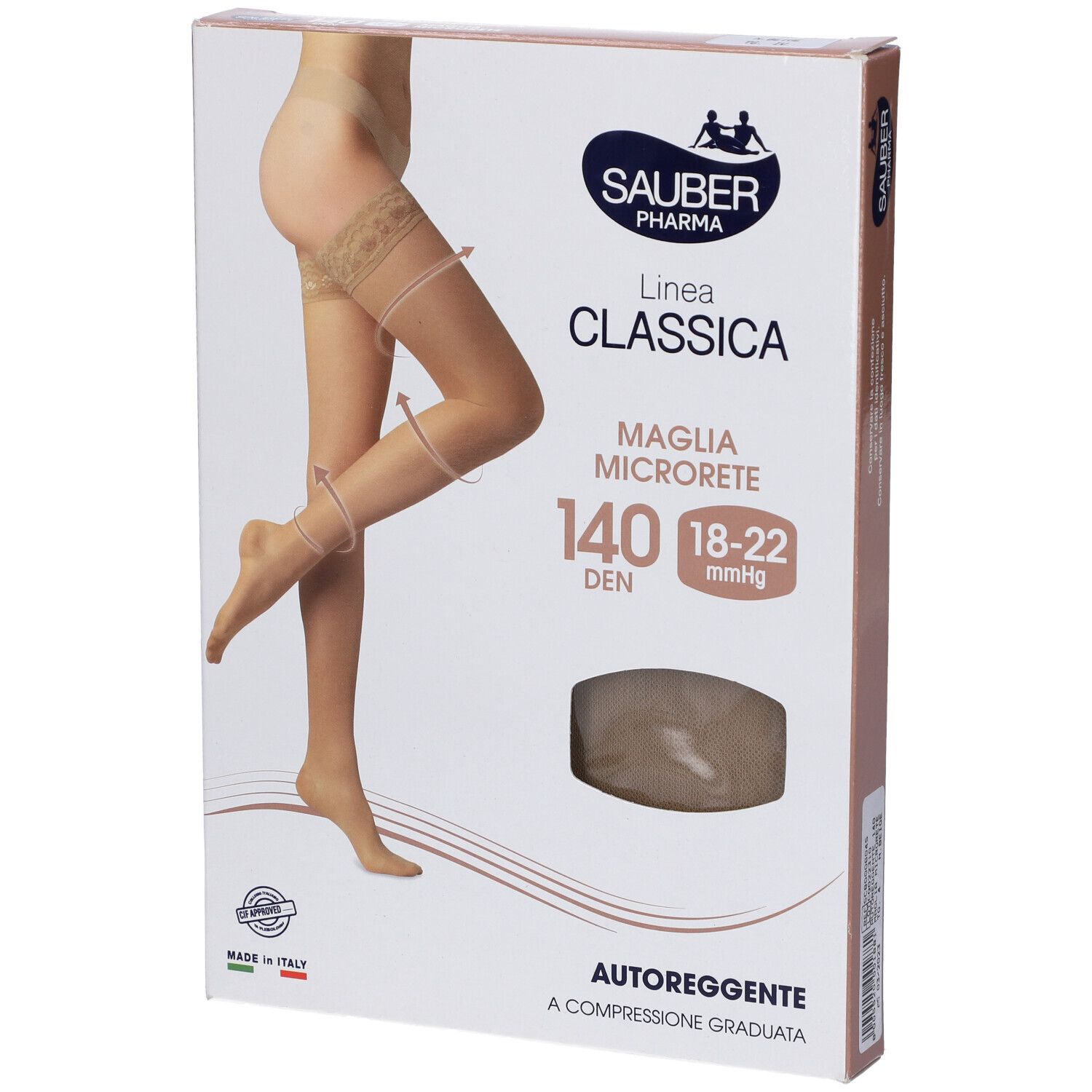 Confezione di calze autoreggenti. Marca Sauber Pharma, Linea Classica, 140 Den, taglia 18-22 mmHg. Calze beige illustrate.