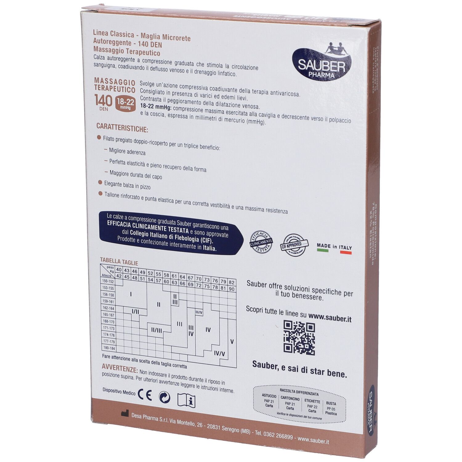 Confezione di calze autoreggenti. Marca Sauber Pharma, Linea Classica, 140 Den, taglia 18-22 mmHg. Calze beige illustrate.