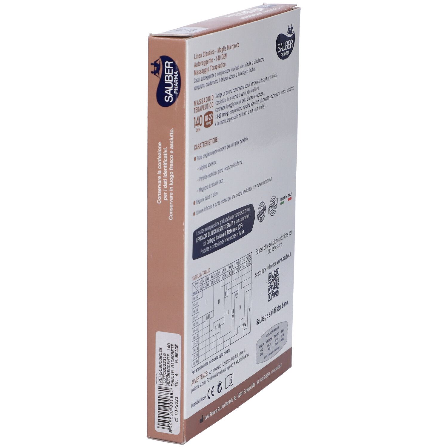 Retro della confezione di calze autoreggenti. Marca Sauber Pharma, Linea Classica, 140 Den, taglia 18-22 mmHg. Testo e tabella.