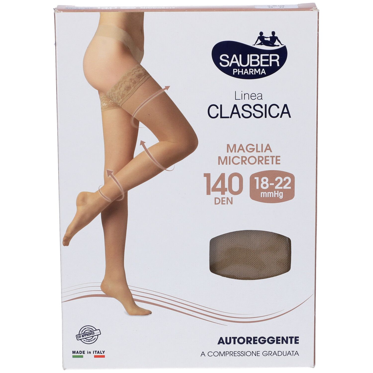 Retro della confezione di calze autoreggenti. Marca Sauber Pharma, Linea Classica, 140 Den, taglia 18-22 mmHg. Testo e tabella.
