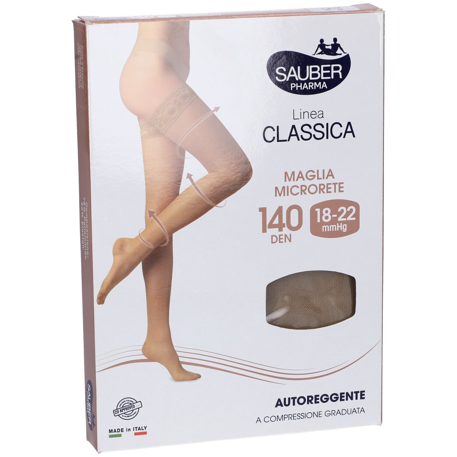 Confezione di calze autoreggenti. Marca Sauber Pharma, Linea Classica, 140 Den, taglia 18-22 mmHg. Calze beige illustrate.