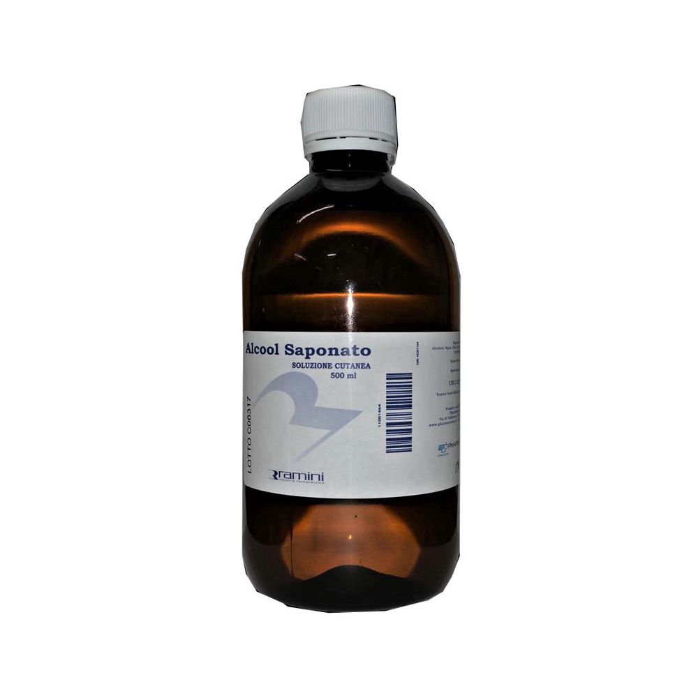 Flacone marrone con tappo bianco. Scritta: Alcool Saponato Soluzione. Marchio: ramini.