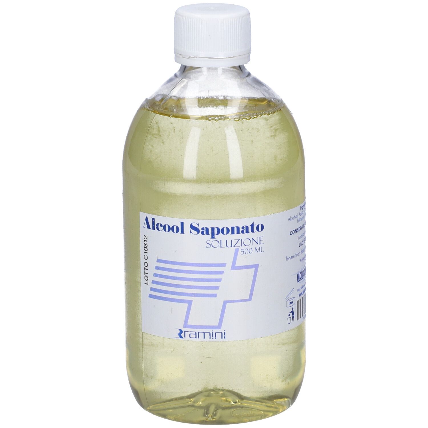 Flacone trasparente con tappo bianco. Scritta: Alcool Saponato Soluzione. Etichetta con logo.