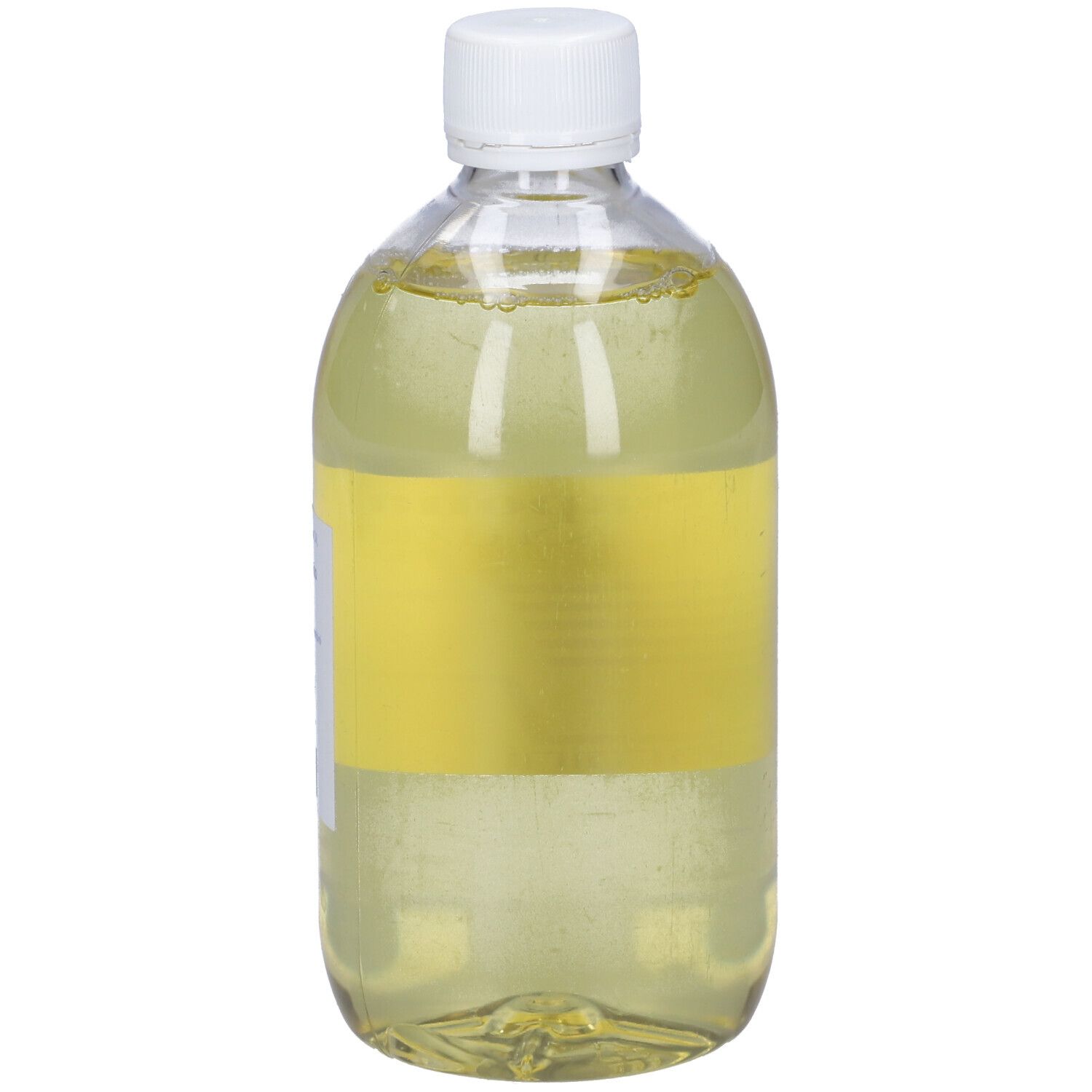 Flacone trasparente con tappo bianco. Scritta: Alcool Saponato Soluzione. Etichetta gialla.