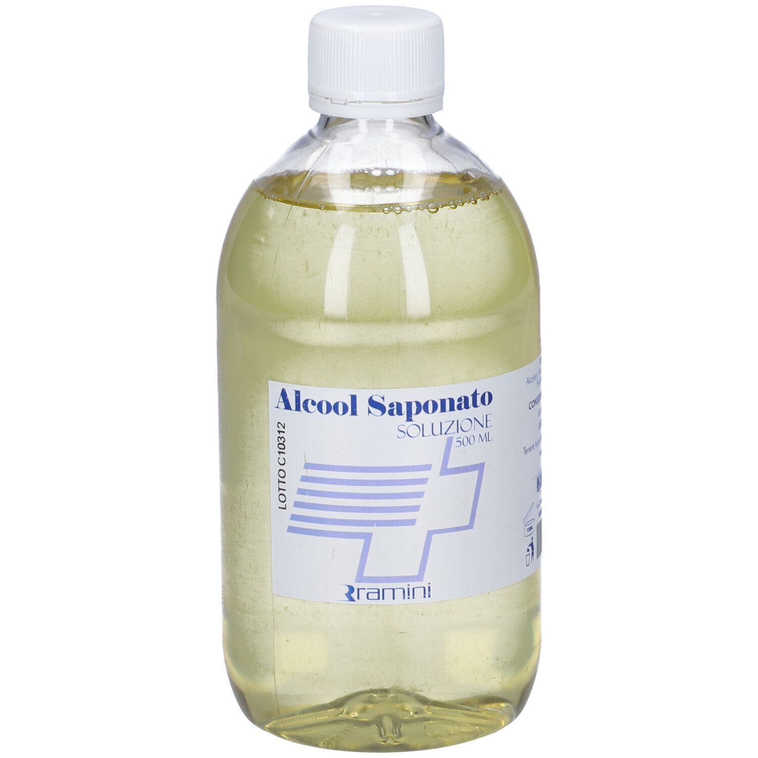 Flacone trasparente con tappo bianco. Scritta: Alcool Saponato Soluzione. Etichetta con logo.