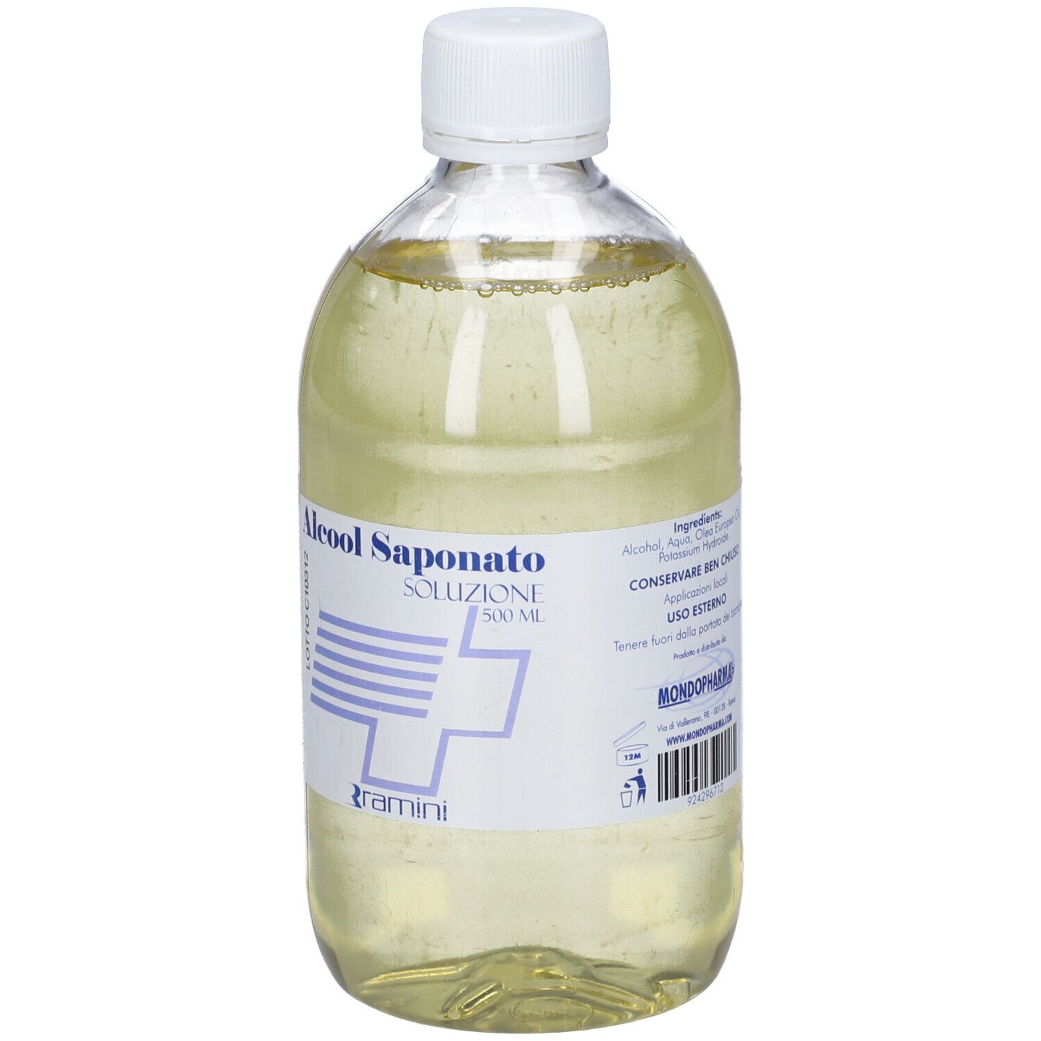 Flacone trasparente con tappo bianco. Scritta: Alcool Saponato Soluzione. Etichetta con ingredienti.