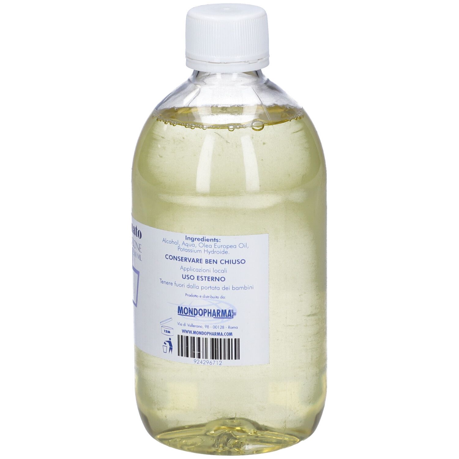 Flacone trasparente con tappo bianco. Scritta: Alcool Saponato Soluzione. Etichetta con ingredienti.