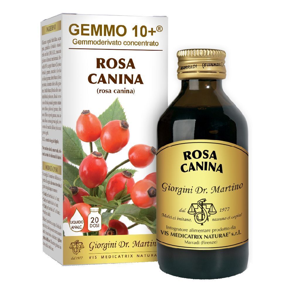 Una bottiglia e una scatola. La bottiglia riporta "Rosa Canina". La scatola riporta "Gemmo 10+" e "Rosa Canina".