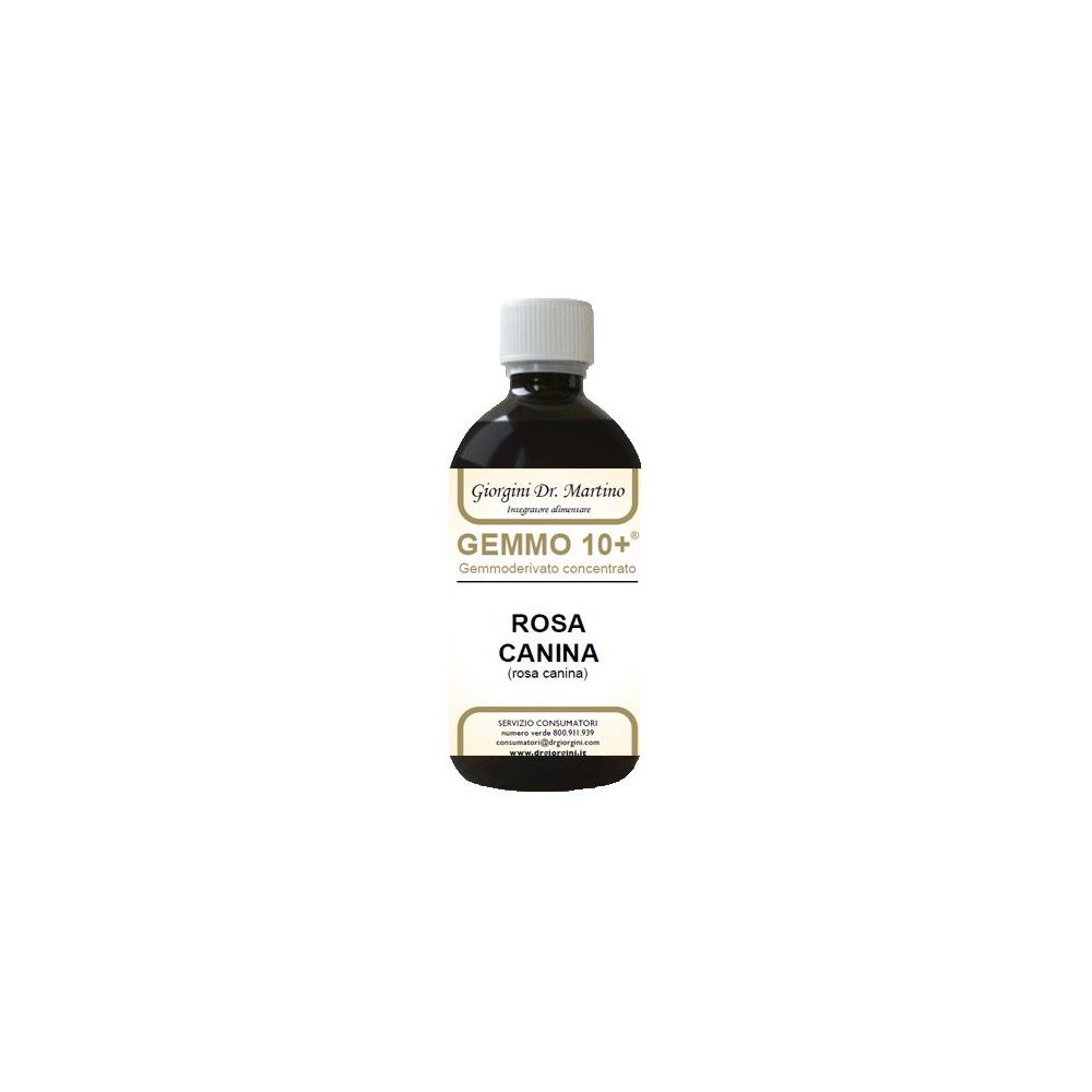 Bottiglia marrone con tappo bianco. Etichetta con testo: Gemmo 10+ Rosa Canina. Marchio Giorgini Dr. Martino.