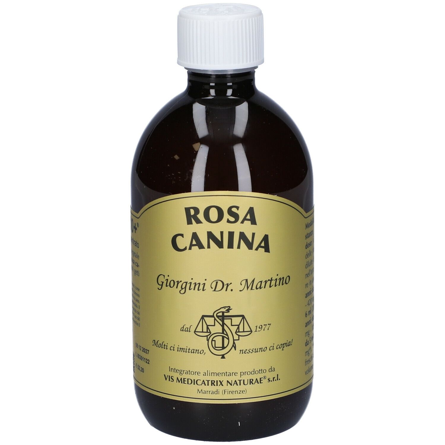 Bottiglia marrone con tappo bianco. Etichetta con testo: Rosa Canina. Marchio Giorgini Dr. Martino. Logo con bilancia.