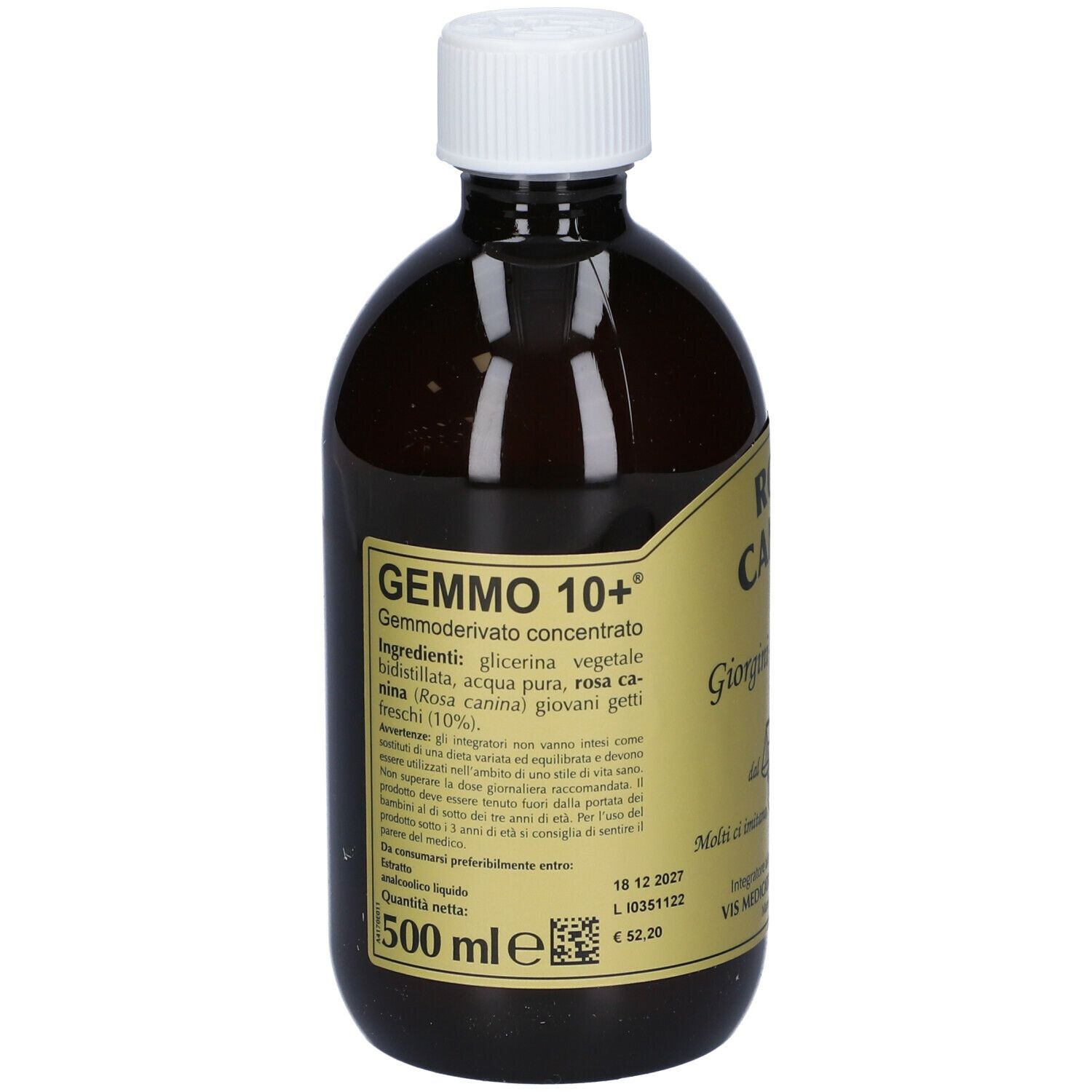 Bottiglia marrone con tappo bianco. Etichetta con testo: Gemmo 10+ Rosa Canina. Ingredienti, 500 ml.