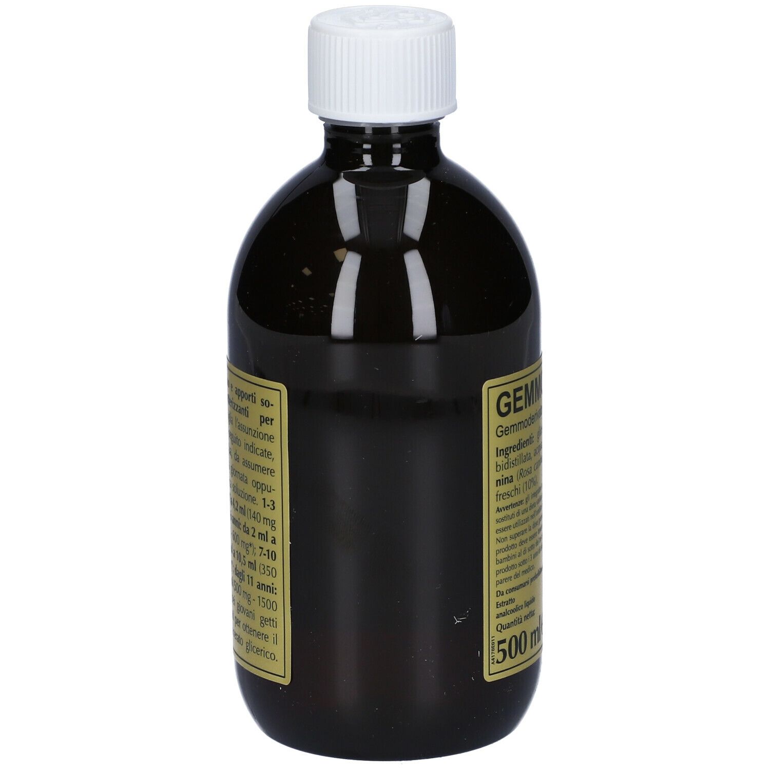 Bottiglia marrone con tappo bianco. Etichetta con testo: Gemmo 10+ Rosa Canina. 500 ml.
