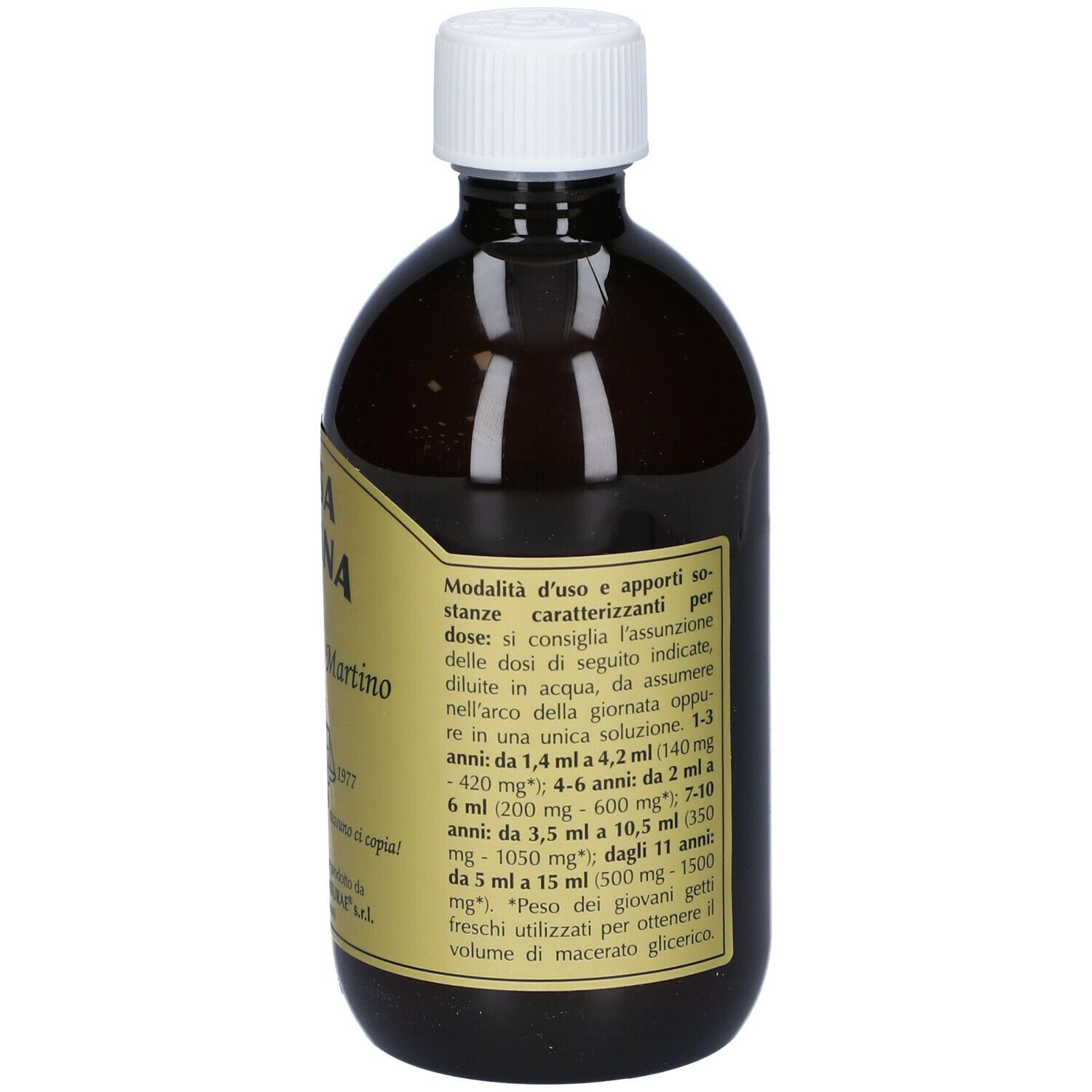 Bottiglia marrone con tappo bianco. Etichetta con testo: Rosa Canina. Marchio Giorgini Dr. Martino. Dosaggio.