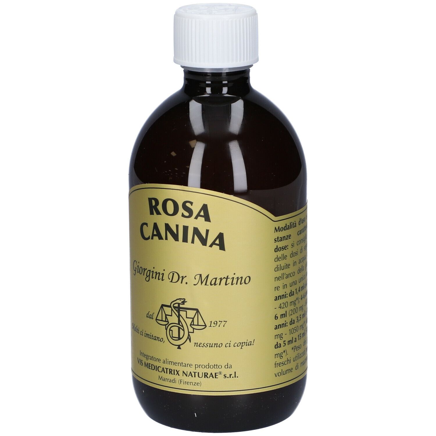 Bottiglia marrone con tappo bianco. Etichetta con testo: Rosa Canina. Marchio Giorgini Dr. Martino. Logo con bilancia.