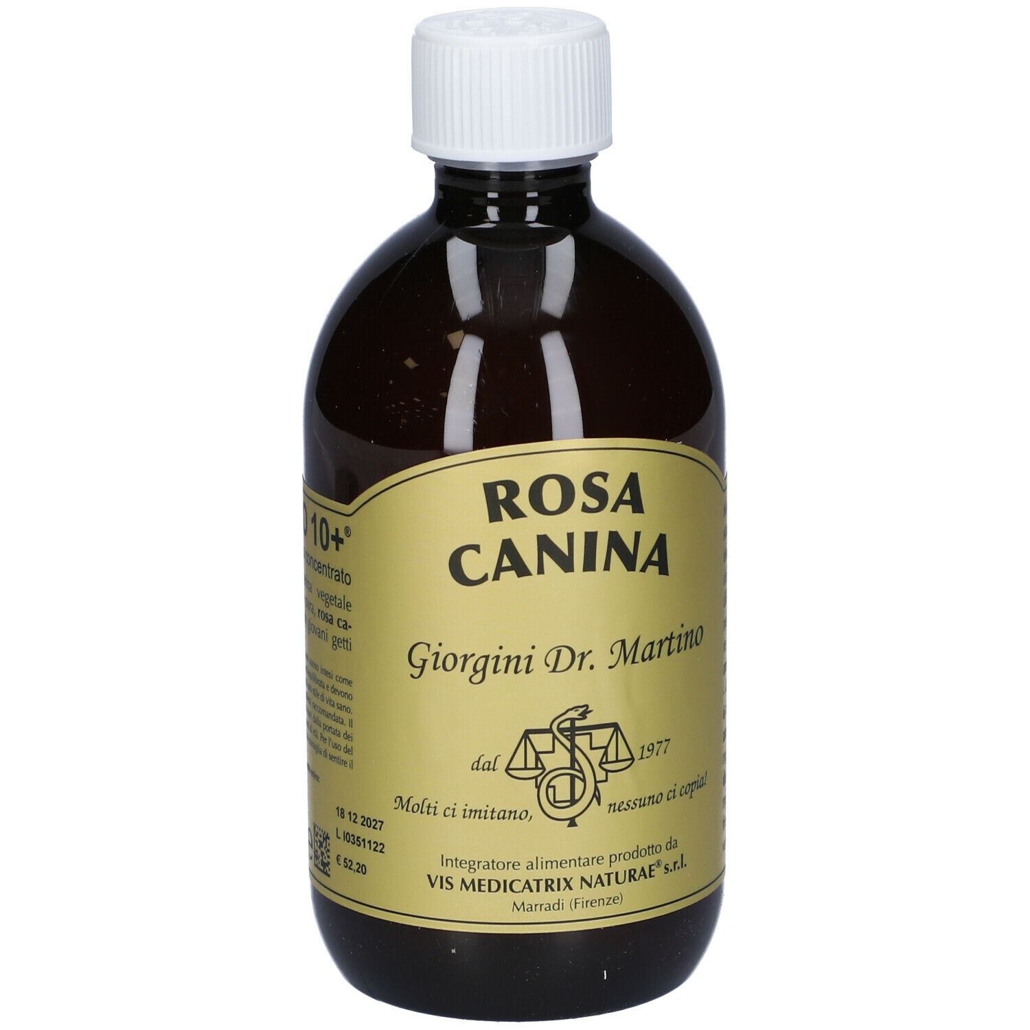 Bottiglia marrone con tappo bianco. Etichetta con testo: Rosa Canina. Marchio Giorgini Dr. Martino. Logo con bilancia.