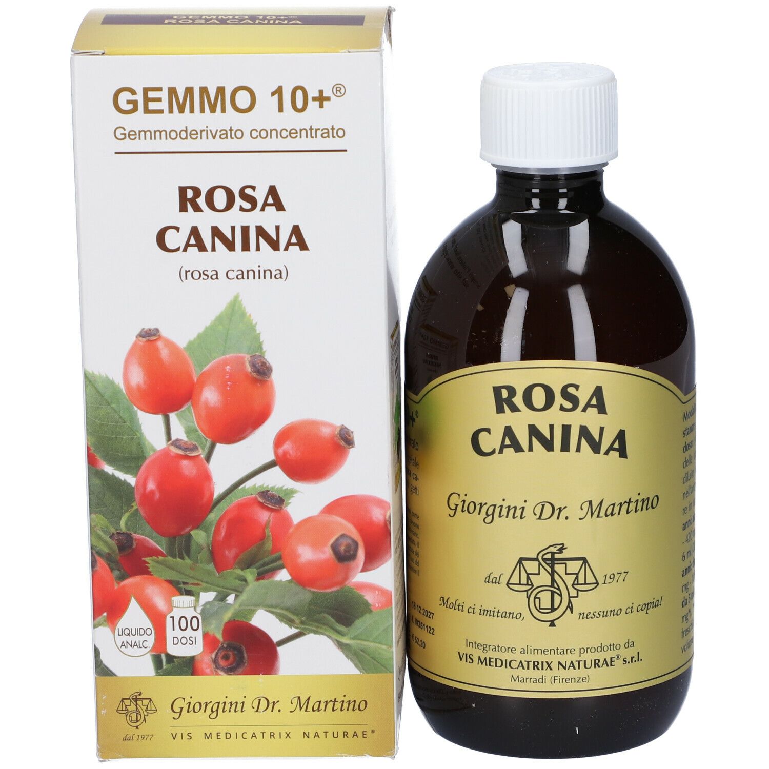 Bottiglia marrone e scatola. Bottiglia con tappo bianco. Scatola con testo: Gemmo 10+ Rosa Canina. Illustrazione di rosa canina.