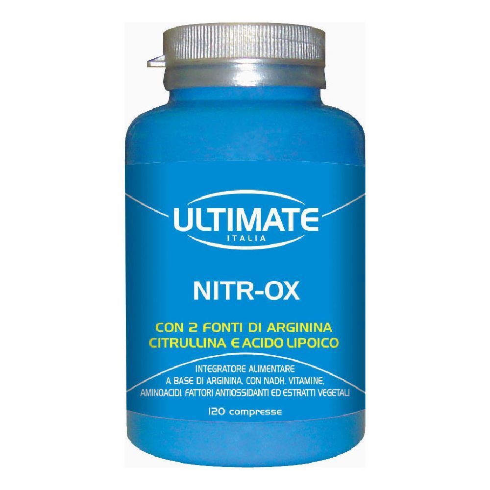 Flacone blu con tappo argentato. Scritta: ULTIMATE ITALIA, NITR-OX, 120 compresse.