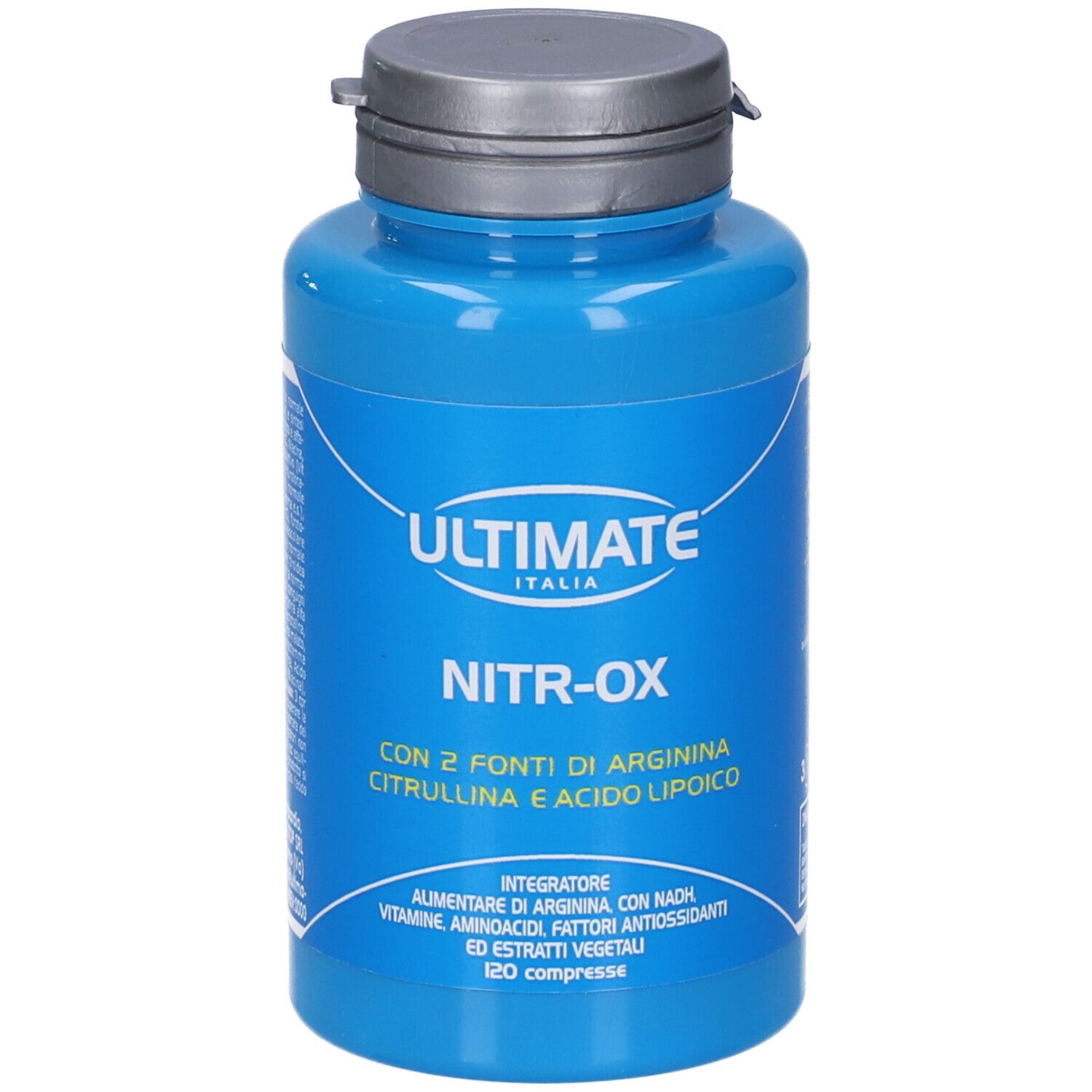 Flacone blu con tappo argentato. Scritta: ULTIMATE ITALIA, NITR-OX, 120 compresse.