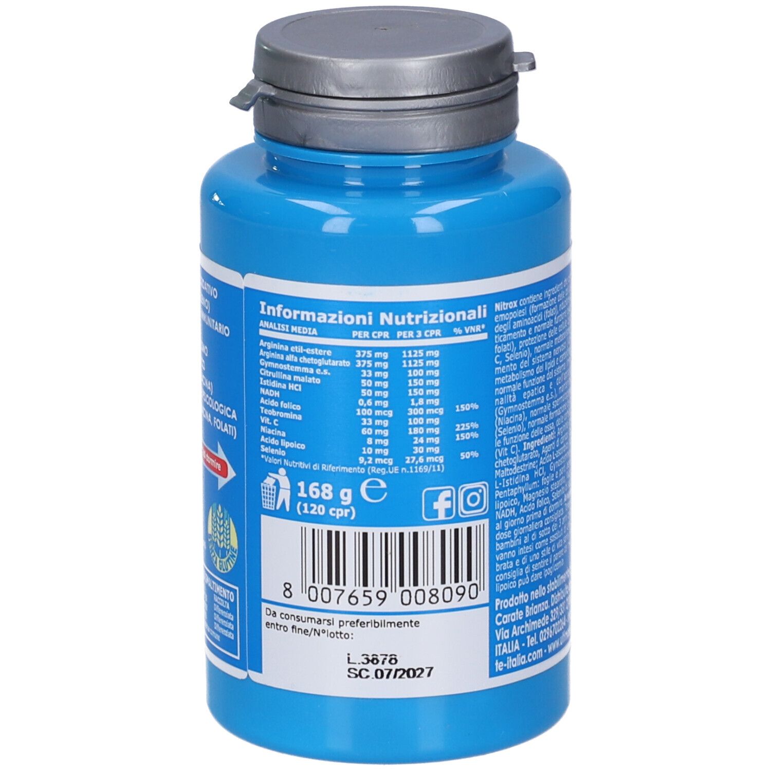 Flacone blu con tappo argentato. Retro con testo e informazioni nutrizionali. 168 g (120 cpr).