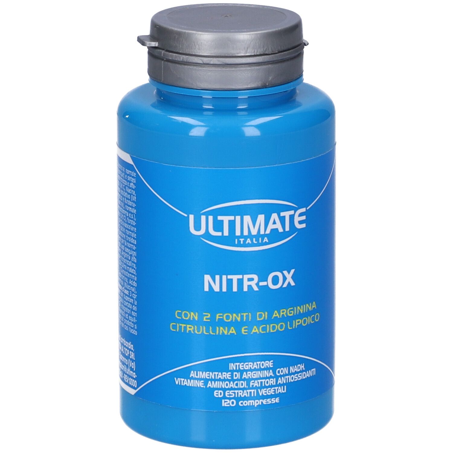 Flacone blu con tappo argentato. Scritta: ULTIMATE ITALIA, NITR-OX, 120 compresse.