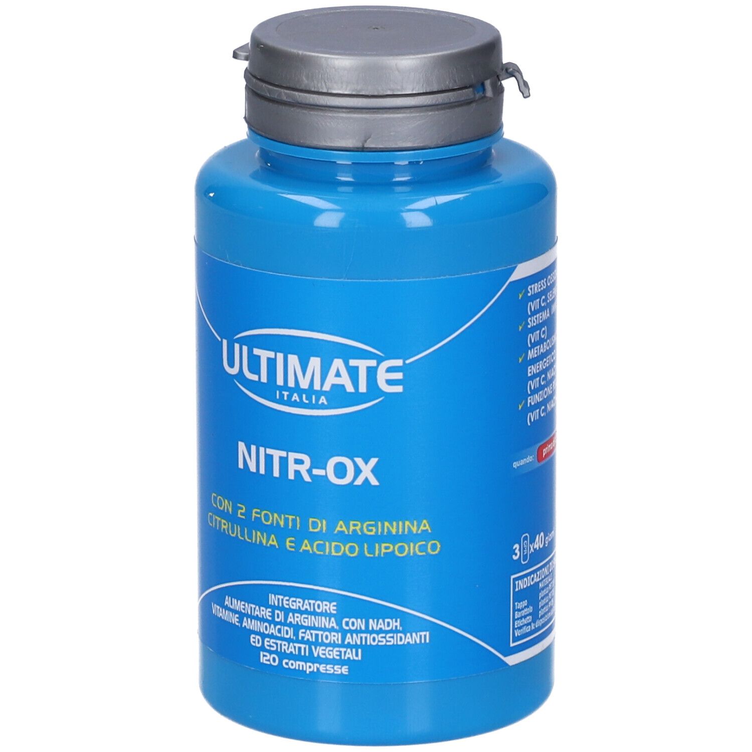 Flacone blu con tappo argentato. Scritta: ULTIMATE ITALIA, NITR-OX, 120 compresse.