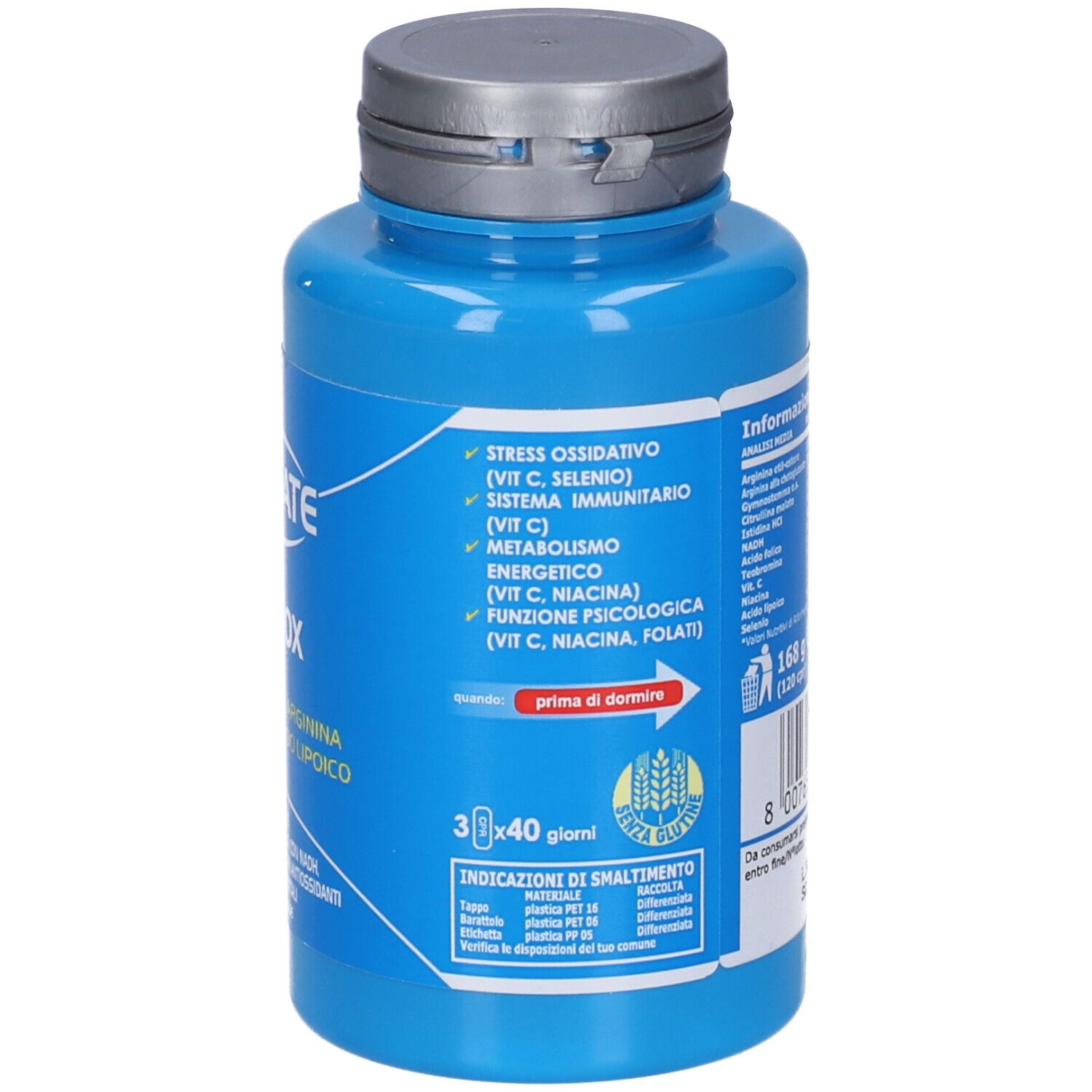 Flacone blu con tappo argentato. Retro con testo. Scritta: ULTIMATE ITALIA, NITR-OX.