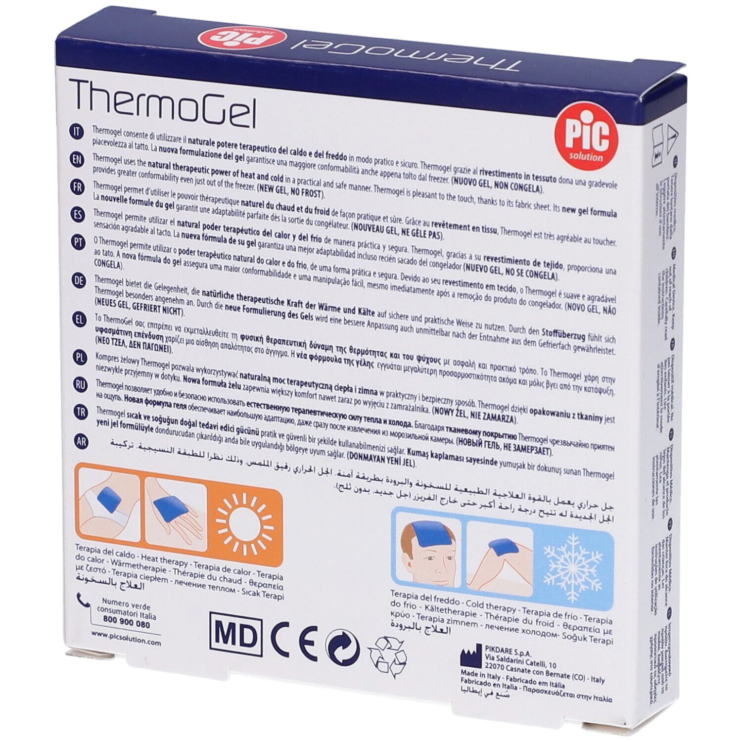 Retro confezione ThermoGel. Testo multilingue. Illustrazioni d'uso. Marchio CE MD.